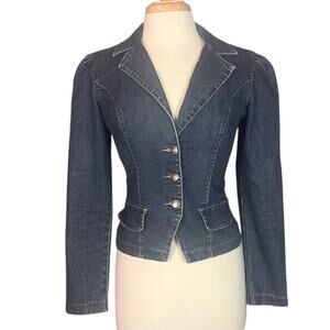 Vintage Y2K XOXO Denim Blazer Womens Medium Puff Shoulder Blue Fitted Cropped